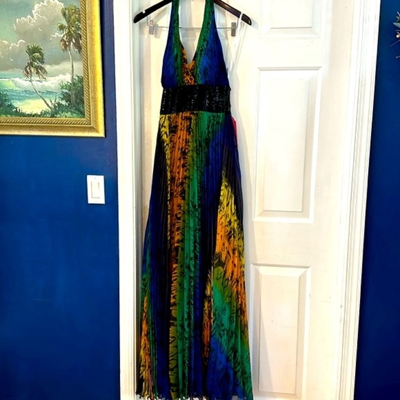 NWT Women’s Bicici Multi Color Halter Top Sequined Waist Maxi Dress Size Small - Picture 1 of 11